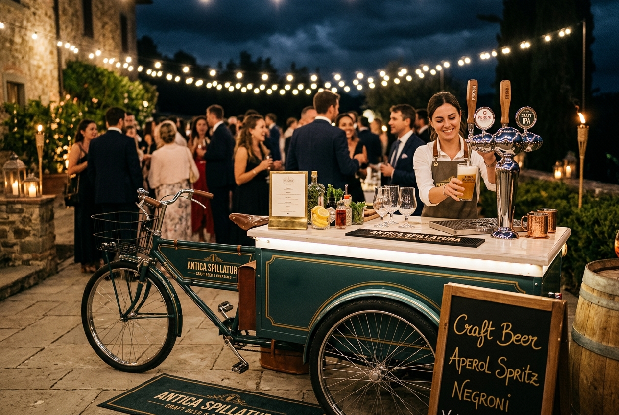 Drink eKsperience: bicicletta itinerante con spillatore durante un evento serale