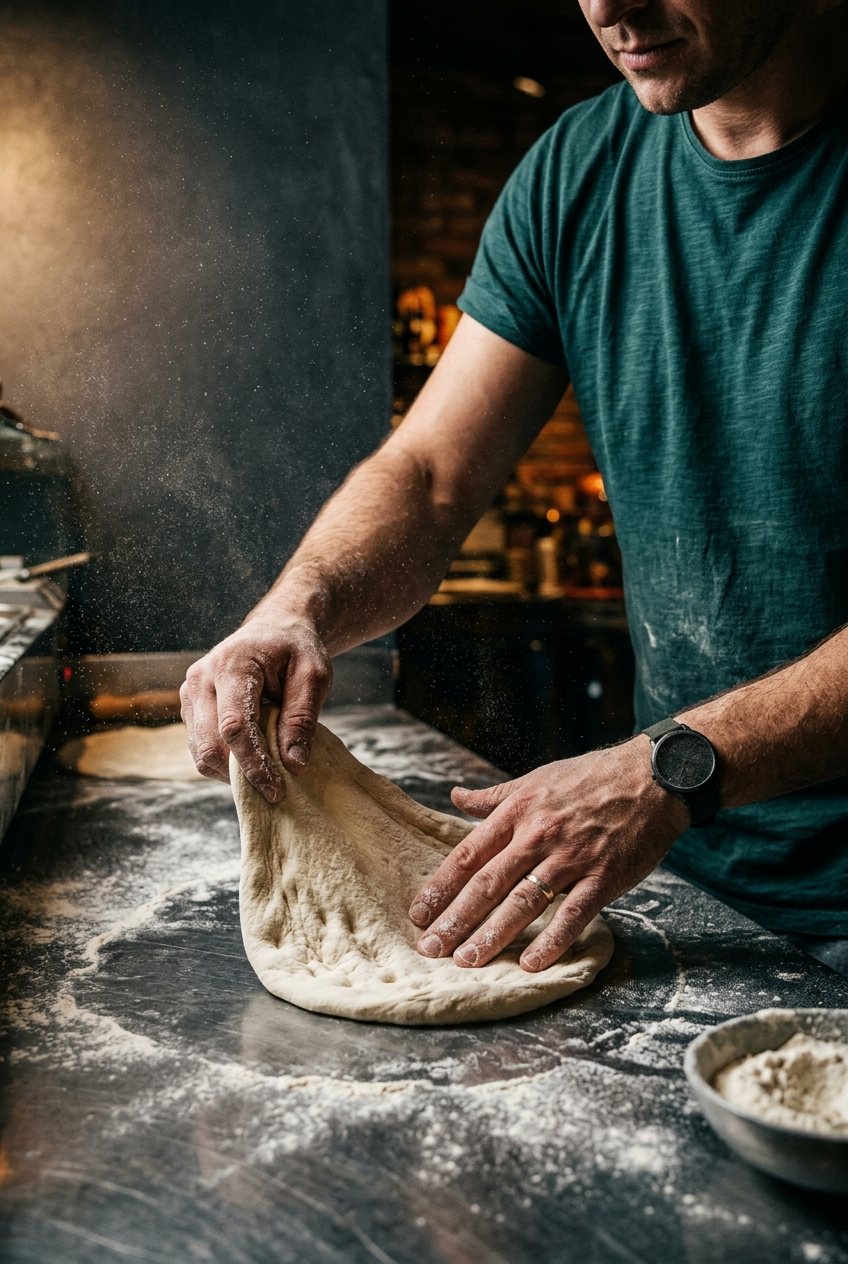 Mani di pizzaiolo che lavorano l'impasto sulla spianatoia infarinata